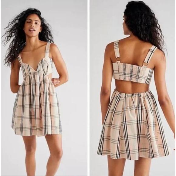 Free People Bridget Mini Dress Large A-Line Cut Out Pink Orange Plaid Sundress - Picture 1 of 9
